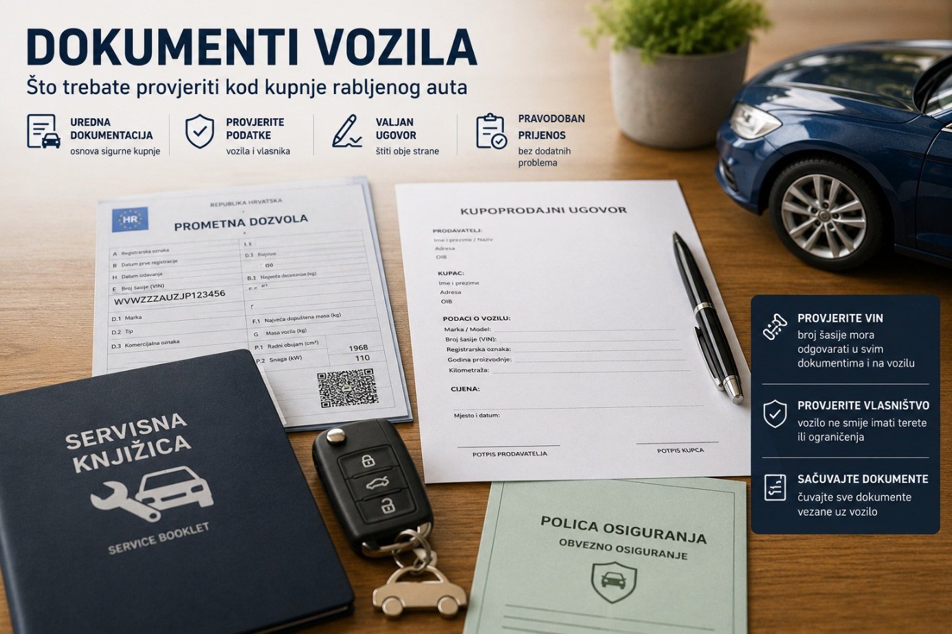 Prometna dozvola, kupoprodajni ugovor, servisna knjižica i polica osiguranja rabljenog automobila