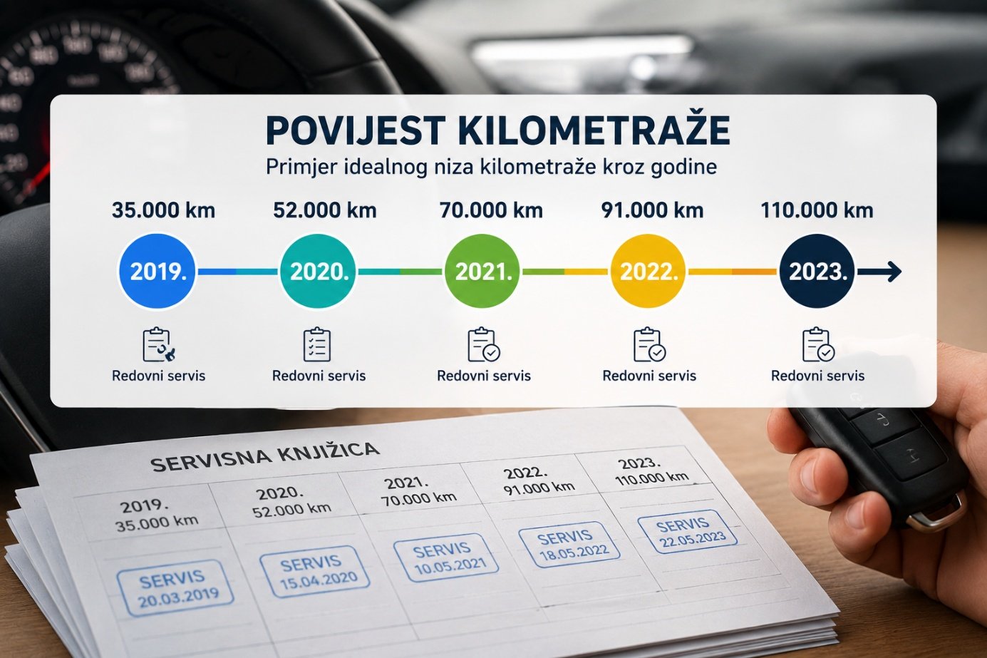 Primjer logičnog niza kilometraže kroz godine u servisnoj knjižici rabljenog automobila