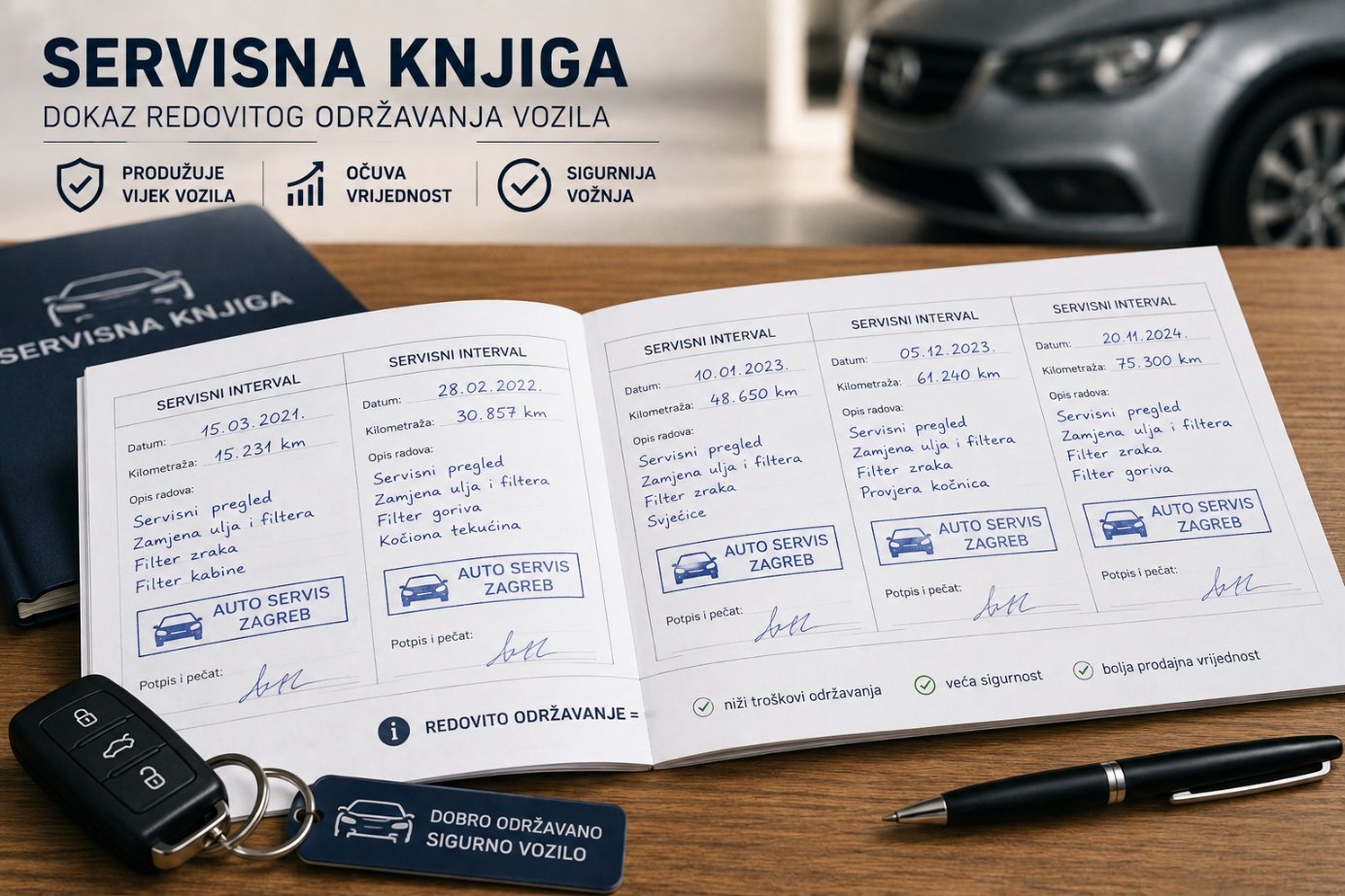 Servisna knjiga s upisanim redovitim servisima i kilometražom
