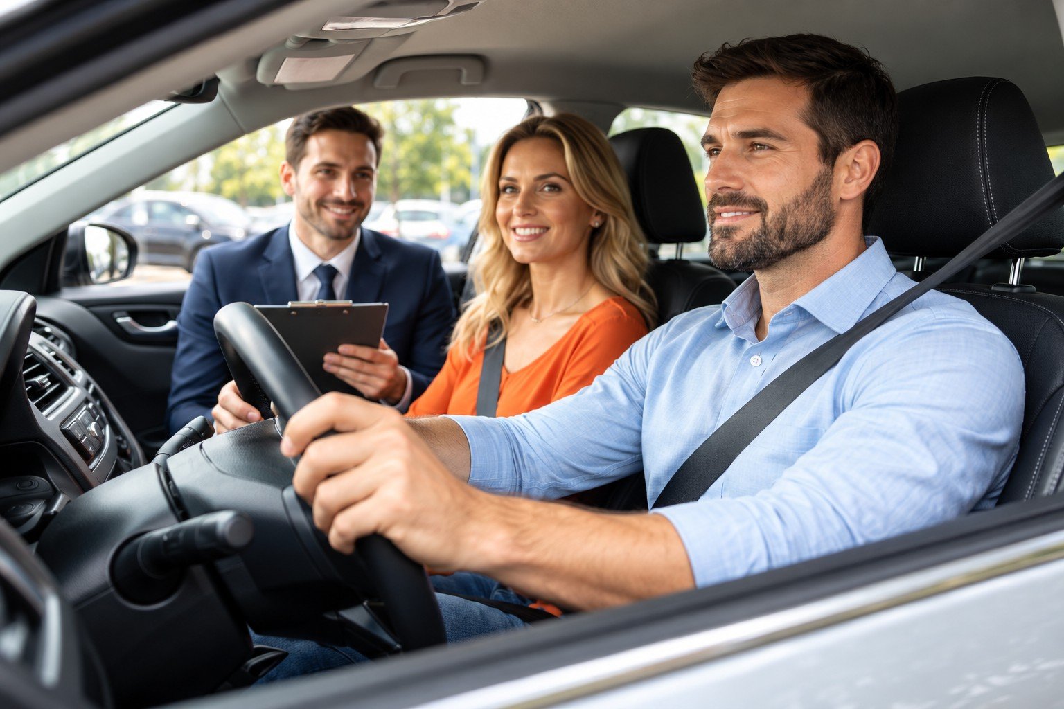 Kupac na testnoj vožnji rabljenog automobila uz prodavatelja autosalona